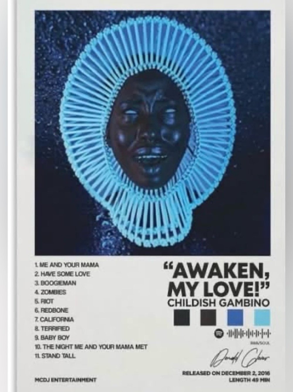 Childish Gambino 'Awaken, My Love!' Blue Wall Art Poster unframed canvas